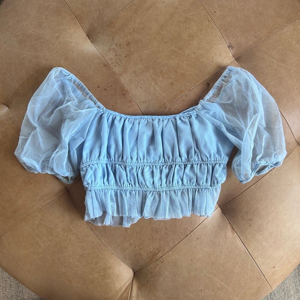 Fairy Milkmaid Mesh Babydoll Crop Top Puff Sleeve Romantic Blue Coquette S - Picture 4 of 10